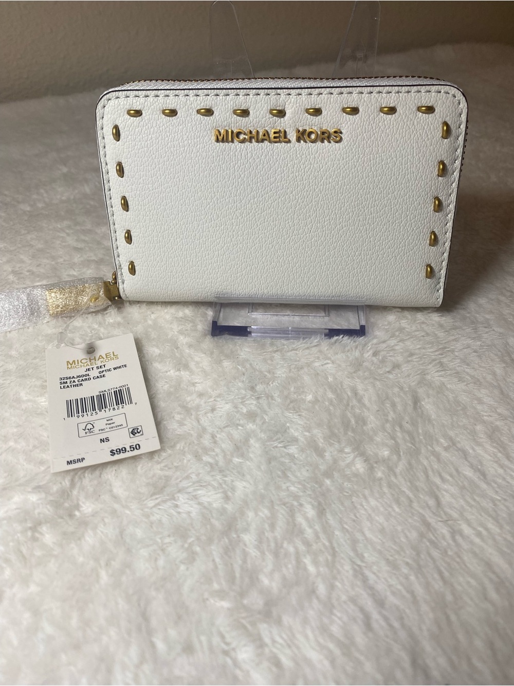 Michael Kors White Leather Zip Card Holder with Gold Logo & Studs